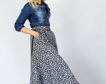 Hexagon Maxi Skirt, Upcycled Organic Cotton Long Skirt, Flattering All Waist Fabric