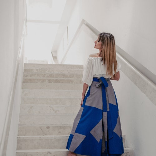 Blue tribal long skirt, long patchwork shops skirt coolawoola, floor length power skirt