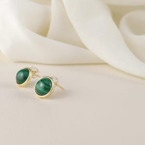 14k Gold Filled Malachite Stud Earrings: Natural Green Gemstone