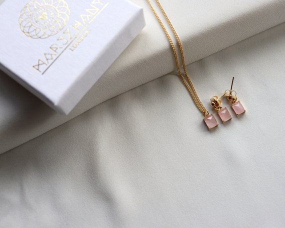 Rose Quartz Gemstone Necklace, 14k Gold Filled, Rose Quartz Pendant, Rectangle Gemstone, Gold, Pink Gemstone, Minimalist, Dainty, Layered