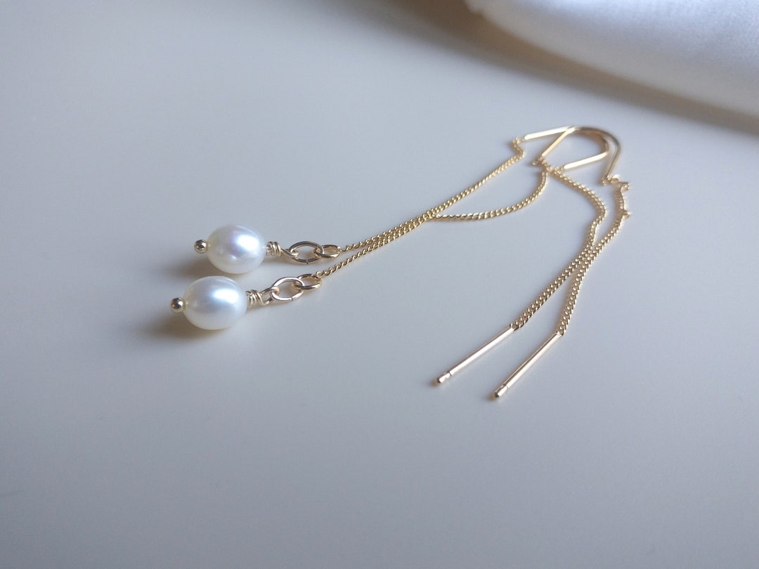 Gold Freshwater Baroque Pearl Threader Earrings Pearl Pull - Etsy UK