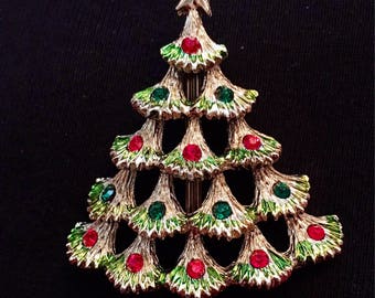 Rhinestone Christmas Tree Brooch / Pin