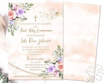 Invitation Communion Papillon rose