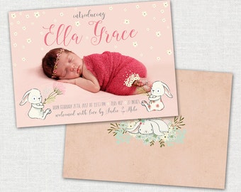 Baby Announcement Card / Baby Girl Announcement Card / Bunny Baby Announcement Card / Photo Baby Announcement