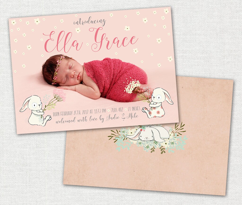 Baby Announcement Card / Baby Girl Announcement Card / Bunny Etsy UK