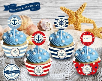 Nautical Birthday Party Theme - Personalized Cupcake Wrappers/Cupcake Toppers Printable/DIY Printable