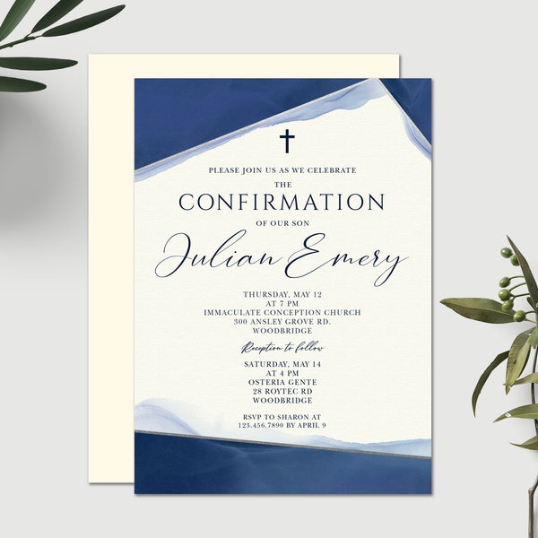 Confirmation Invitation / Confirmation Blue Invitation / Confirmation Geometric Invitation / DIY Printable