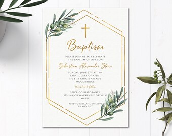 Gold Baptism Invitation, Geometric Baptism Invitation, Olive Baptism Invitation, Gold Geometric Baptism Invitation Boy