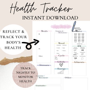 Health Tracker Printable - Nightly Female Wellness Journal - Meals Mood Energy Water Poop Headaches Cycle Exercise Gratitude Tracker
