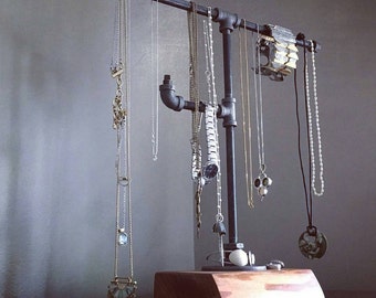 Industrial pipe jewelry stand || jewelry display || jewelry rack || reclaimed wood || industrial chic