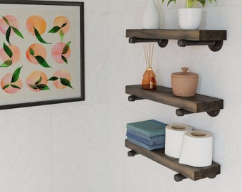 FREE SHIPPING solid wood shelf with industrial pipe mount || pipe wood shelves || bathroom shelf || farmhouse floating shelf || modern shelf