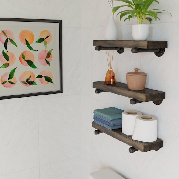 FREE SHIPPING solid wood shelf with industrial pipe mount || pipe wood shelves || bathroom shelf || farmhouse floating shelf || modern shelf