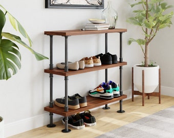 Pipe and wood shoe rack || modern industrial shoe rack || wood metal shoe rack || entry table || console table