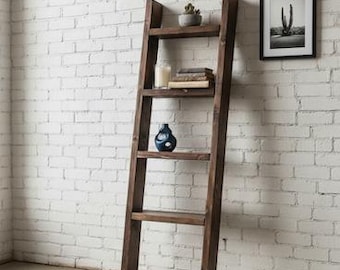Rustic modern wood ladder shelf || freestanding rustic ladder bookcase shelf
