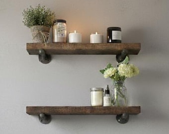 FREE SHIPPING- SET of 2 modern rustic wood shelves with industrial pipe mount | bathroom shelf | modern shelf | farmhouse floating shelf