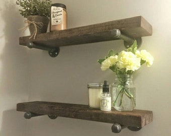 FREE SHIPPING- SET of 2 Rustic wood shelves with industrial pipe mount | bathroom shelf | modern shelf | farmhouse floating shelf