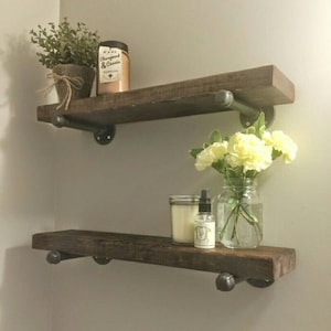 FREE SHIPPING- SET of 2 modern rustic wood shelves with industrial pipe mount | bathroom shelf | modern shelf | farmhouse floating shelf