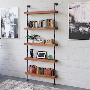 Modern industrial pipe wood shelving unit floor to ceiling || tall shelving unit bookcase || rustic steel wood bookshelf || custom furniture