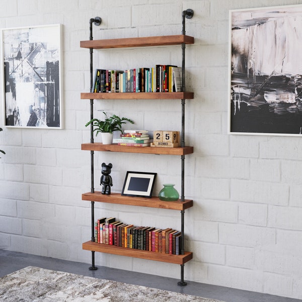 Modern industrial pipe wood shelving unit floor to ceiling || tall shelving unit bookcase || rustic steel wood bookshelf || custom furniture