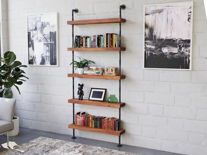 Modern industrial pipe wood shelving unit floor to ceiling tall shelving unit bookcase rustic steel wood bookshelf custom furniture image 1