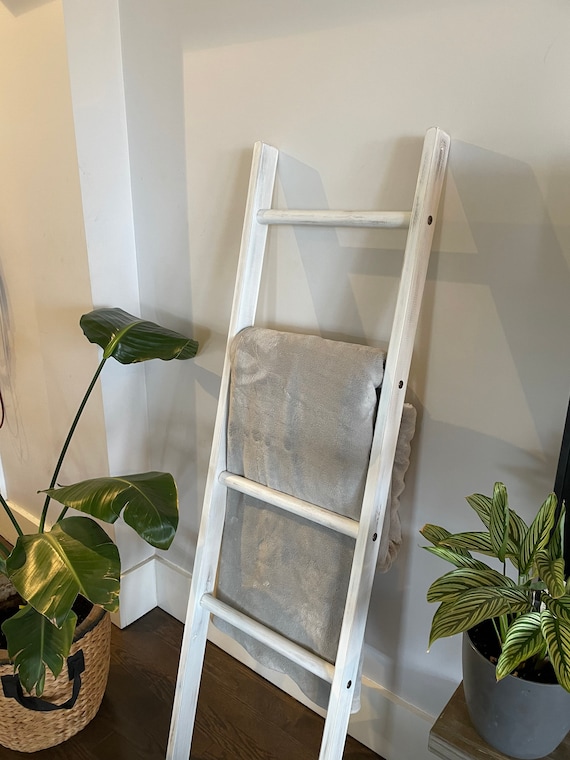 Rustic Wood Blanket Ladder Distressed White Towel Ladder Weathered