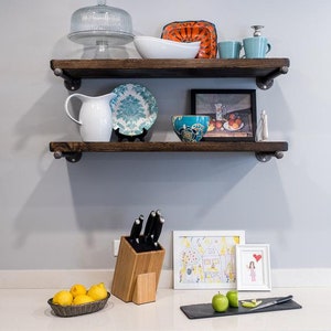 FREE SHIPPING solid wood shelf with industrial pipe mount || pipe wood shelves || bathroom shelf || farmhouse floating shelf || modern shelf image 8