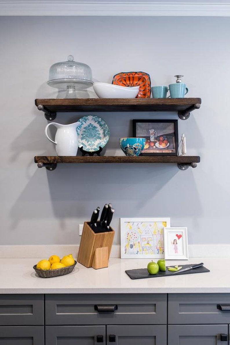 FREE SHIPPING solid wood shelf with industrial pipe mount || pipe wood shelves || bathroom shelf || farmhouse floating shelf || modern shelf image 8
