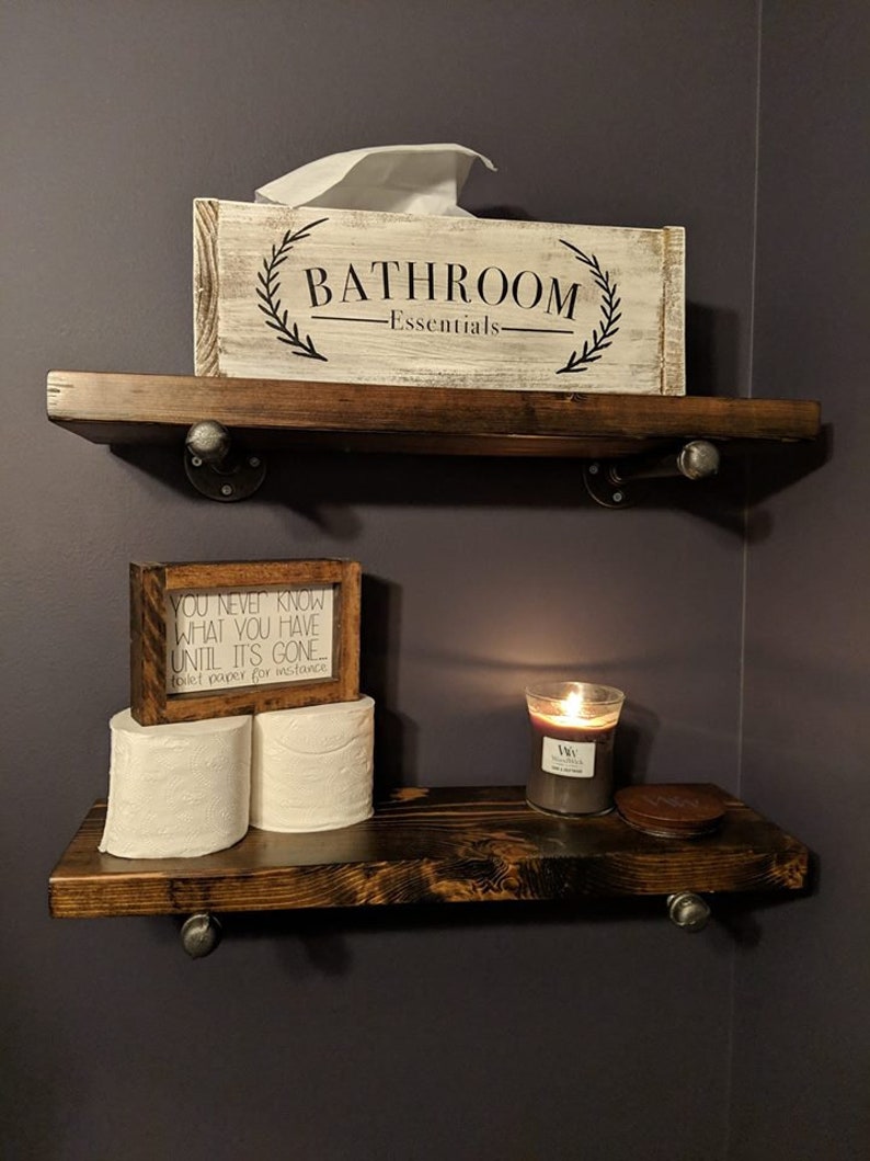FREE SHIPPING solid wood shelf with industrial pipe mount || pipe wood shelves || bathroom shelf || farmhouse floating shelf || modern shelf image 10