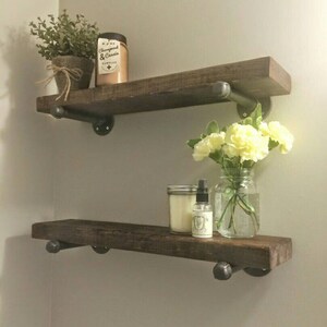 FREE SHIPPING solid wood shelf with industrial pipe mount || pipe wood shelves || bathroom shelf || farmhouse floating shelf || modern shelf image 4