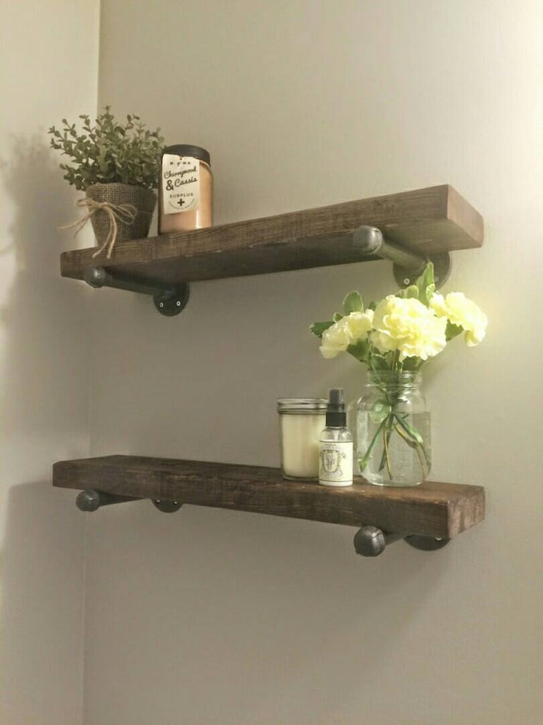 FREE SHIPPING solid wood shelf with industrial pipe mount || pipe wood shelves || bathroom shelf || farmhouse floating shelf || modern shelf image 4