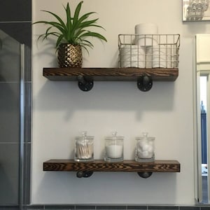 FREE SHIPPING solid wood shelf with industrial pipe mount || pipe wood shelves || bathroom shelf || farmhouse floating shelf || modern shelf image 5