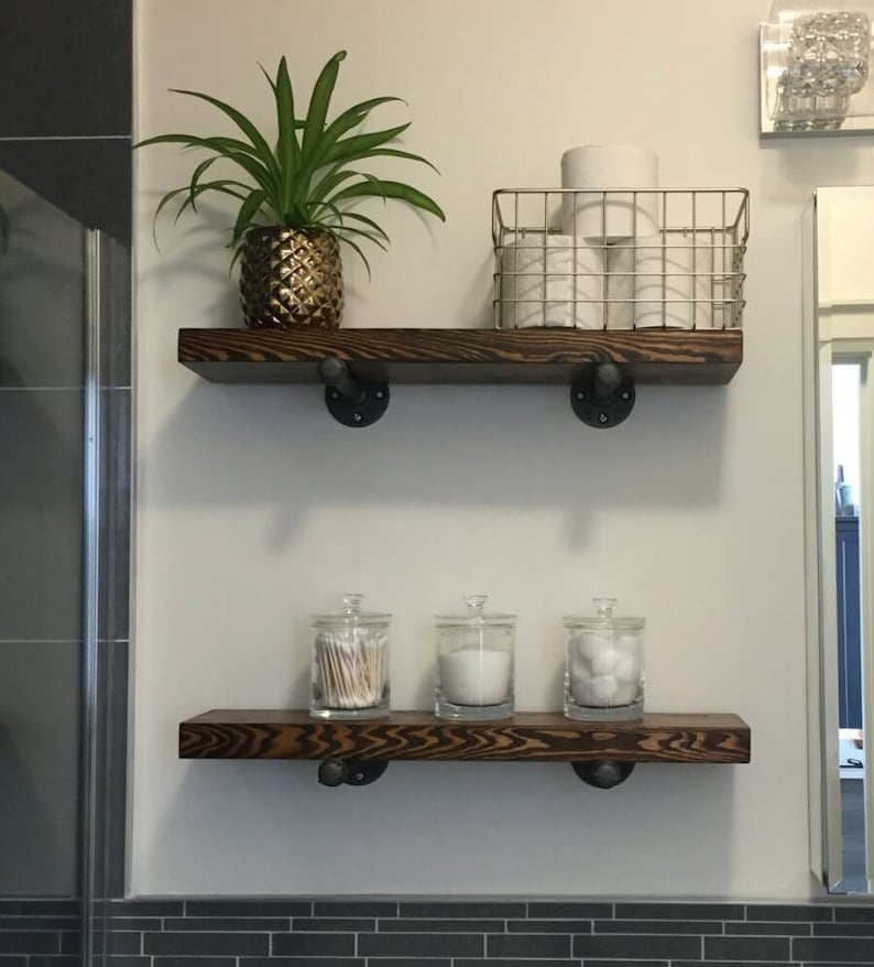 FREE SHIPPING solid wood shelf with industrial pipe mount || pipe wood shelves || bathroom shelf || farmhouse floating shelf || modern shelf image 5
