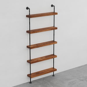 Modern industrial pipe wood shelving unit floor to ceiling tall shelving unit bookcase rustic steel wood bookshelf custom furniture image 7