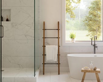 FREE SHIPPING extra WIDE steel pipe and wood towel ladder || pipe wood towel rack | stocking holder rack | modern blanket ladder