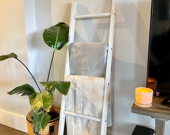 Rustic wood blanket ladder || distressed white towel ladder || weathered white quilt ladder || towel rack || blanket rack storage