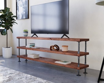 Industrial pipe and wood console table | industrial chic tv stand | rustic media console | rustic industrial steel wood entertainment unit