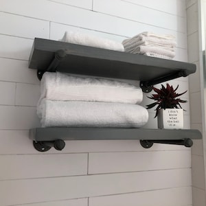 FREE SHIPPING solid wood shelf with industrial pipe mount || pipe wood shelves || bathroom shelf || farmhouse floating shelf || modern shelf image 6