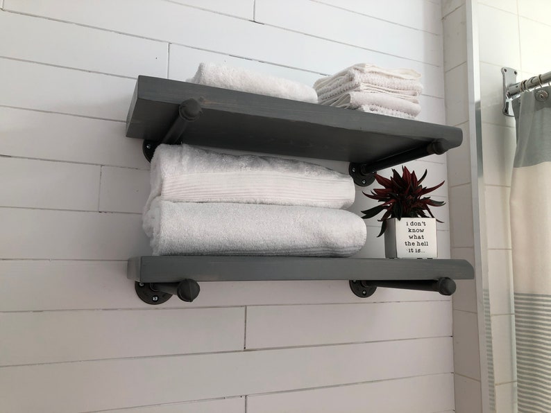 FREE SHIPPING solid wood shelf with industrial pipe mount || pipe wood shelves || bathroom shelf || farmhouse floating shelf || modern shelf image 6
