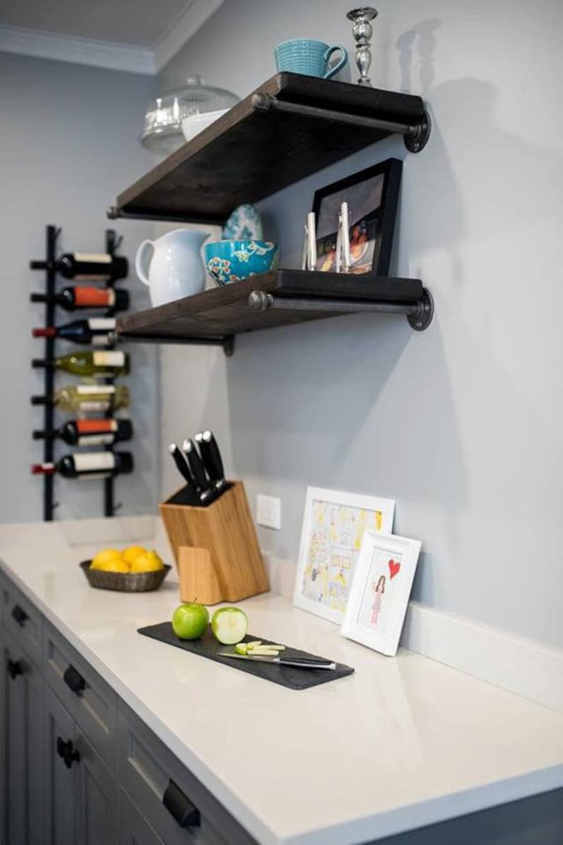 FREE SHIPPING solid wood shelf with industrial pipe mount || pipe wood shelves || bathroom shelf || farmhouse floating shelf || modern shelf image 9