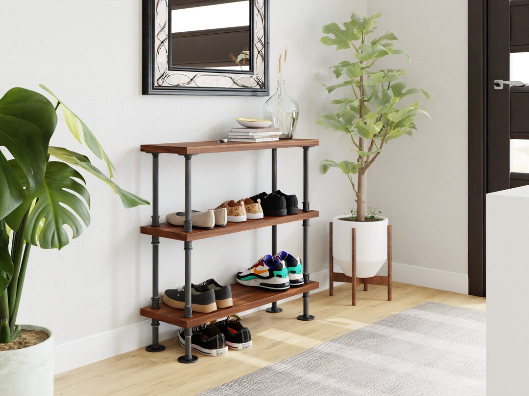 Pipe and Wood Shoe Rack || Modern Industrial Shoe Rack || Wood Metal ...