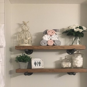 FREE SHIPPING solid wood shelf with industrial pipe mount || pipe wood shelves || bathroom shelf || farmhouse floating shelf || modern shelf image 3