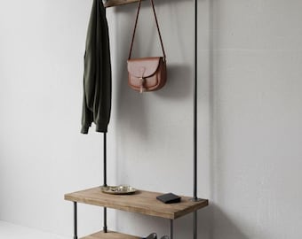 Industrial pipe and wood entry coat rack bench | entrance bench | foyer bench seat | rustic steel and wood bench