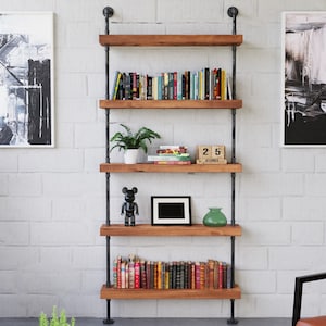 Modern industrial pipe wood shelving unit floor to ceiling tall shelving unit bookcase rustic steel wood bookshelf custom furniture image 3