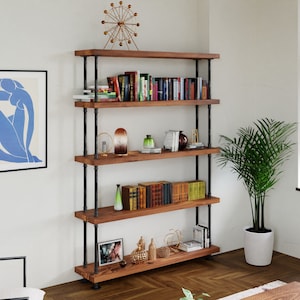 Industrial pipe and wood bookcase || rustic wood metal bookcase || rustic wood and steel bookshelf || Freestanding rustic shelving unit