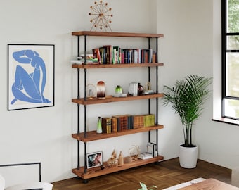Industrial pipe and wood bookcase || rustic wood metal bookcase || rustic wood and steel bookshelf || Freestanding rustic shelving unit