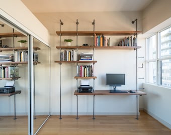 Industrial pipe and solid walnut wood desk with bookcase || Steel pipe and wood wall unit || Metal