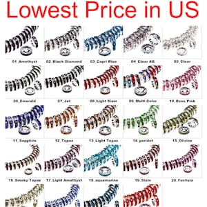 May include: A chart of 24 different colored crystal bead spacers. Each spacer is a silver ring with a row of crystals around the edge. The spacers are labeled with numbers and names, such as Amethyst, Black Diamond, Capri Blue, Clear AB, Clear, Emerald, Jet, Light Siam, Multi Color, Rose Pink, Sapphire, Topaz, Light Topaz, Peridot, Olivine, Smoky Topaz, Light Amethyst, Aquamarine, Siam, Fuchsia, Jonquil, Light Sapphire, Blue Zircon, and Sun.