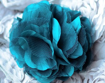 2 Cotton Tulle Rose Flower Turquoise Blue Bridal Wedding Baby Hair Bow Comb Headband Clip or more SF066
