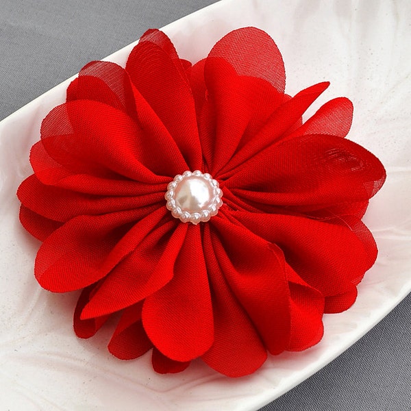 2 Red Pearl Ballerina Twirl Flower Chiffon Flower Soft Fabric Silk Bridal Wedding Garter Headband SF176