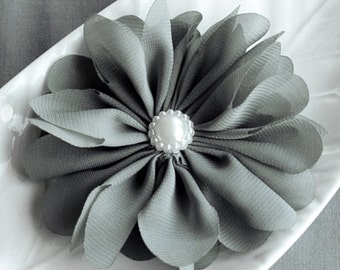 2 Grey Chiffon Flower Soft Fabric Silk Pearl Ballerina Twirl Flower Bridal Wedding Hair Comb Pin SF165